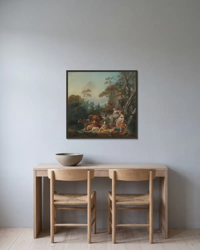 Lantlig idyll av François Boucher inramad på en vägg