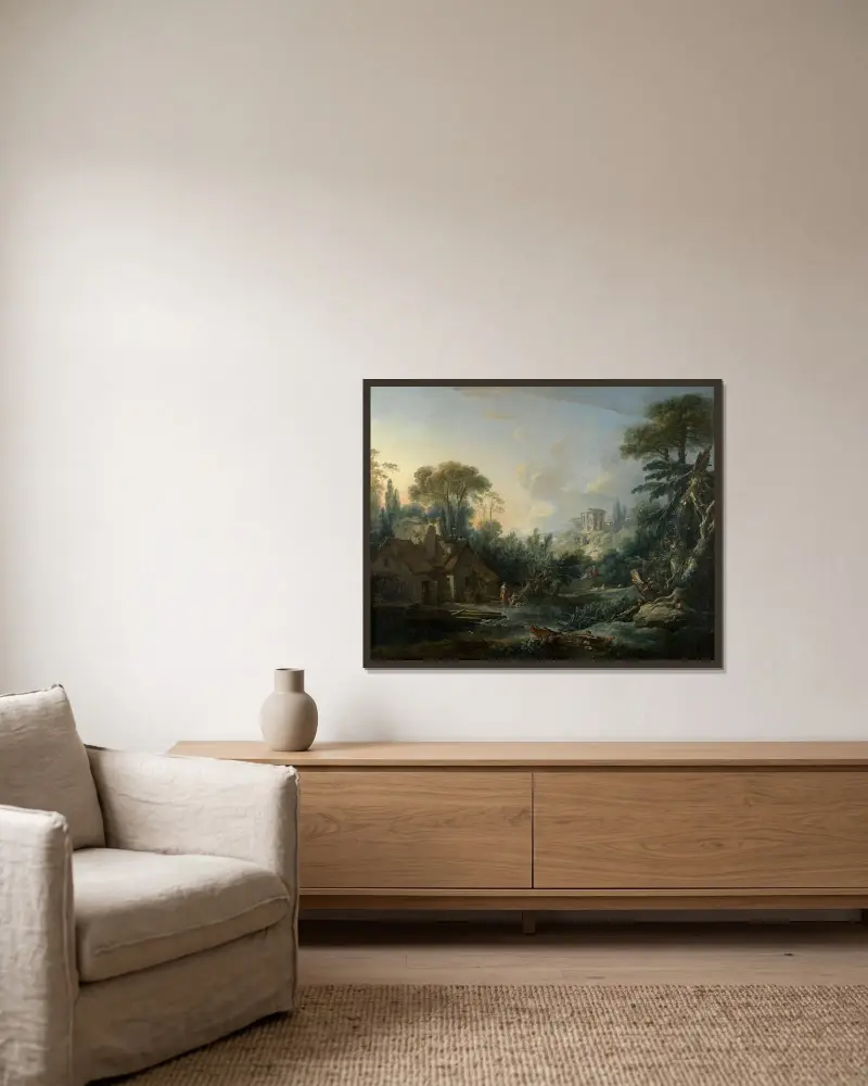 Landskap med vattenkvarn av François Boucher inramad på en vägg