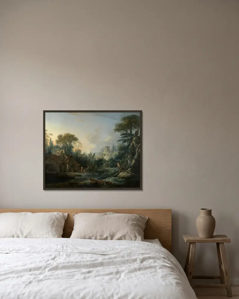 Landskap med vattenkvarn av François Boucher inramad på en vägg