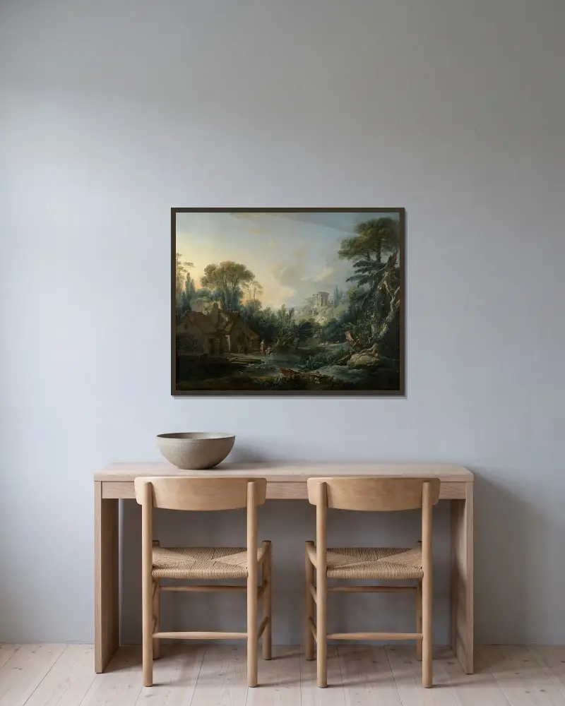 Landskap med vattenkvarn av François Boucher inramad på en vägg