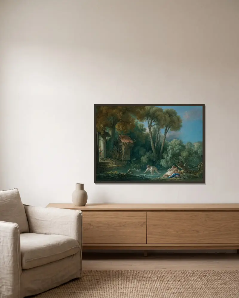 Badande kvinnor av François Boucher inramad på en vägg