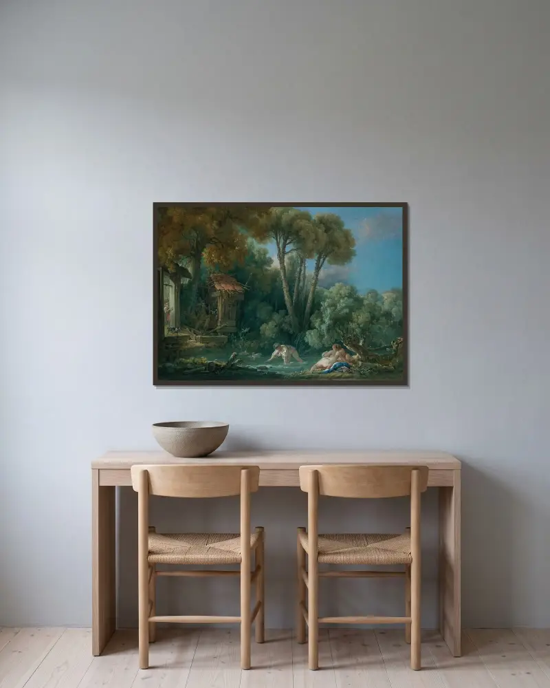 Badande kvinnor av François Boucher inramad på en vägg