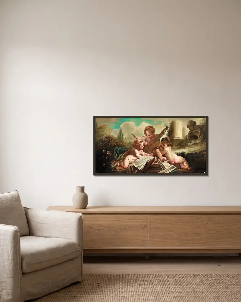 Die kleinen Vogelfänger, Die musizierenden Kinder von François Boucher gerahmt an einer Wand