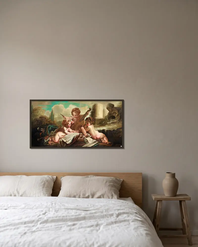 Die kleinen Vogelfänger, Die musizierenden Kinder von François Boucher gerahmt an einer Wand