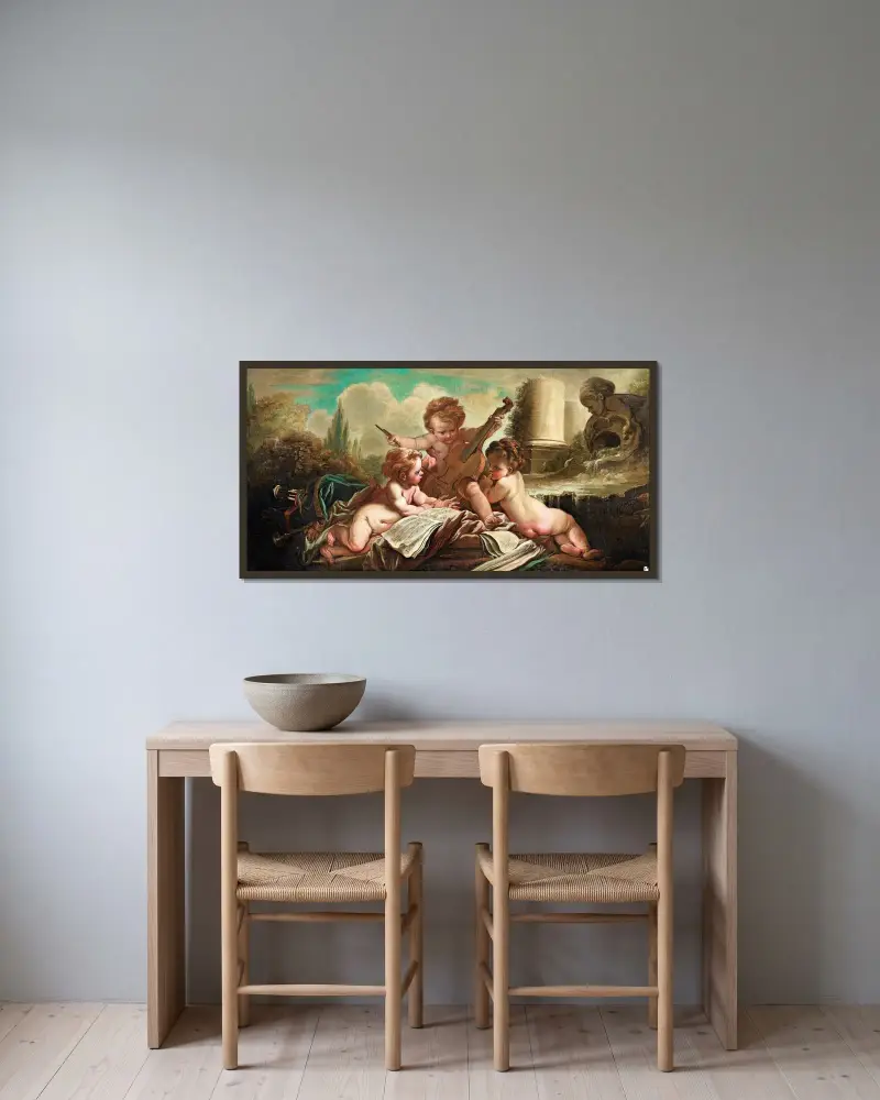 Die kleinen Vogelfänger, Die musizierenden Kinder von François Boucher gerahmt an einer Wand