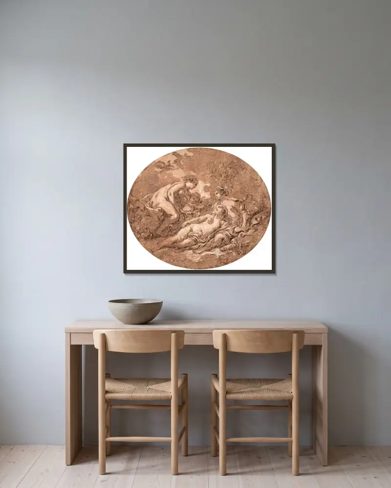 De tre gracerna och kärleken av François Boucher inramad på en vägg