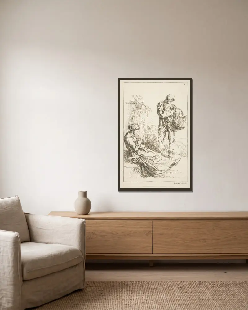 Studiebok efter Blomarts originalteckningar pl. 12 av François Boucher inramad på en vägg