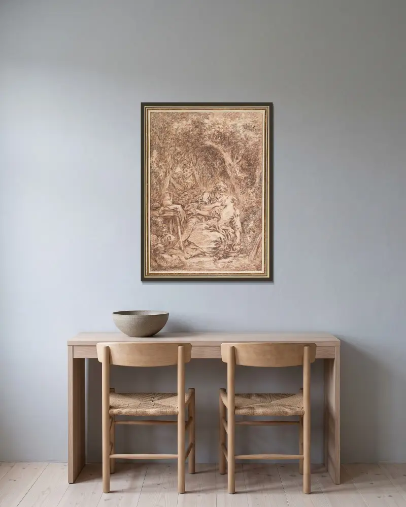Älskande överraskade (Annette et Lubin) av François Boucher inramad på en vägg