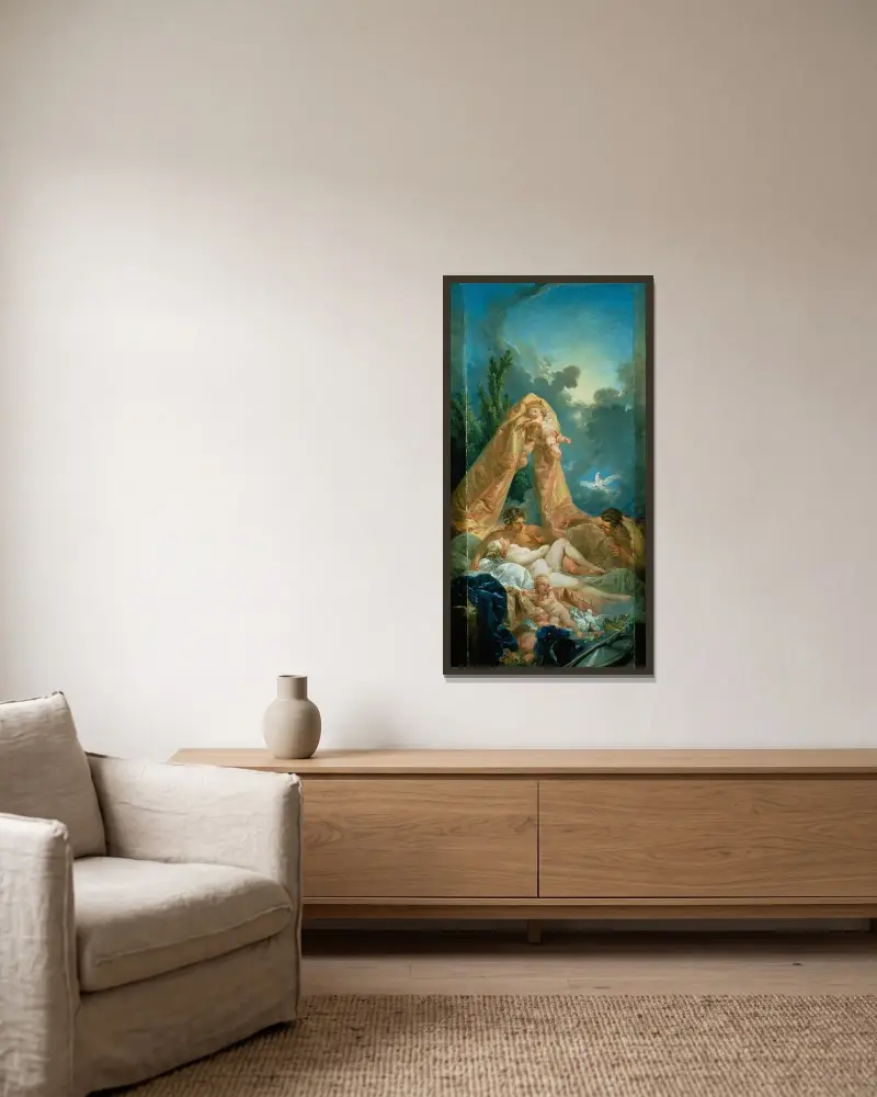 Mars och Venus överraskade av Vulcanus av François Boucher inramad på en vägg