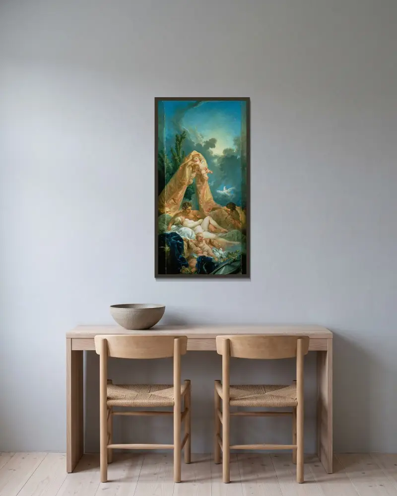 Mars och Venus överraskade av Vulcanus av François Boucher inramad på en vägg