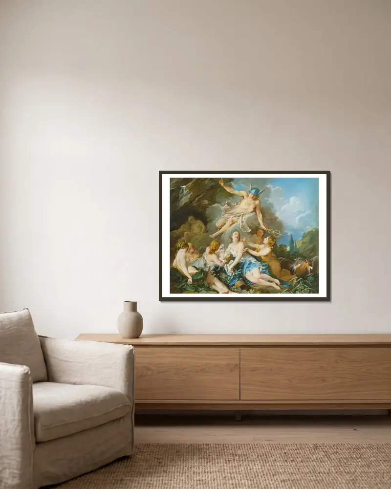 Mercurius anförtror den späde Bacchus åt nymferna av François Boucher inramad på en vägg