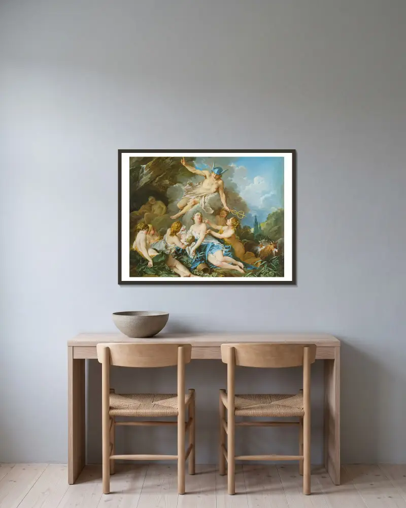 Mercurius anförtror den späde Bacchus åt nymferna av François Boucher inramad på en vägg