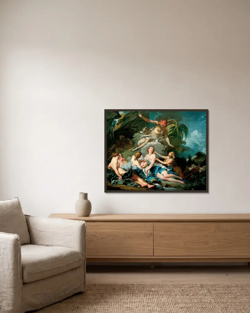 Mercurius anförtror den späde Bacchus åt nymferna i Nysa av François Boucher inramad på en vägg