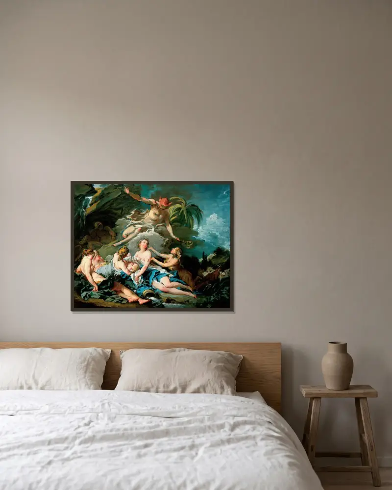 Mercurius anförtror den späde Bacchus åt nymferna i Nysa av François Boucher inramad på en vägg
