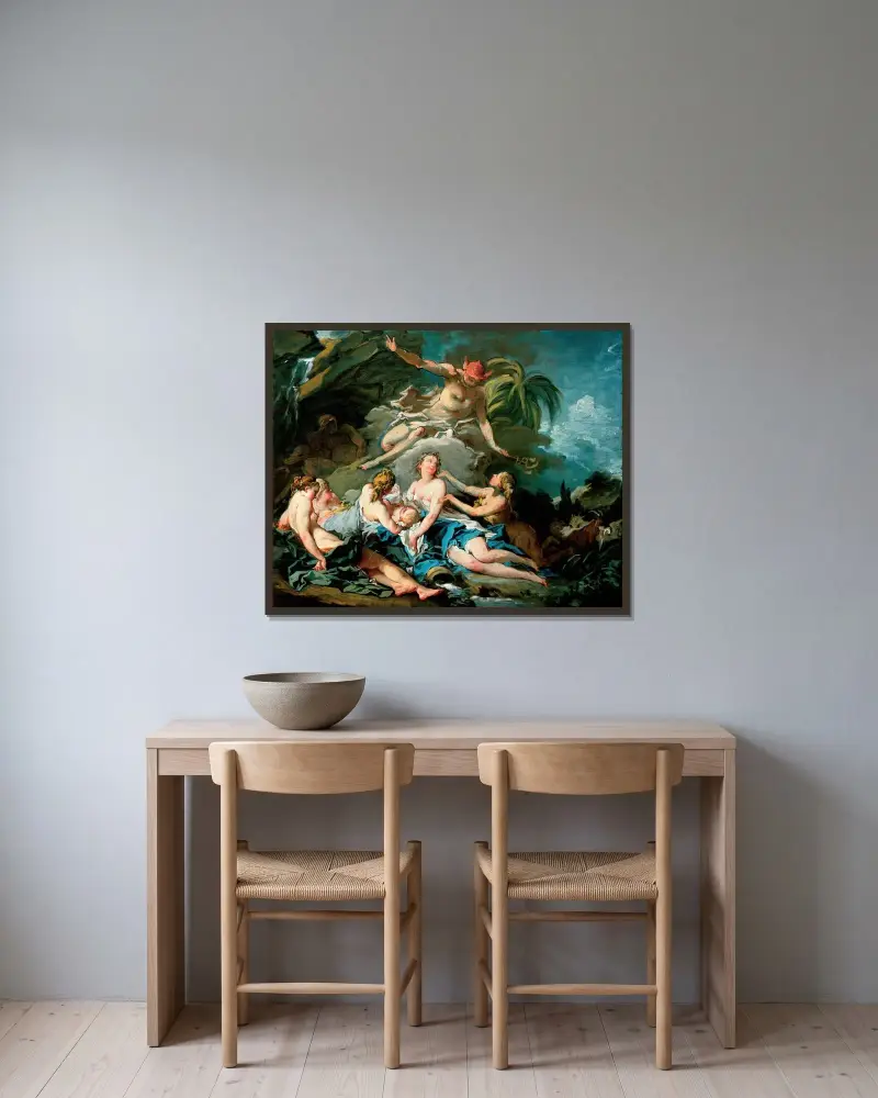 Mercurius anförtror den späde Bacchus åt nymferna i Nysa av François Boucher inramad på en vägg