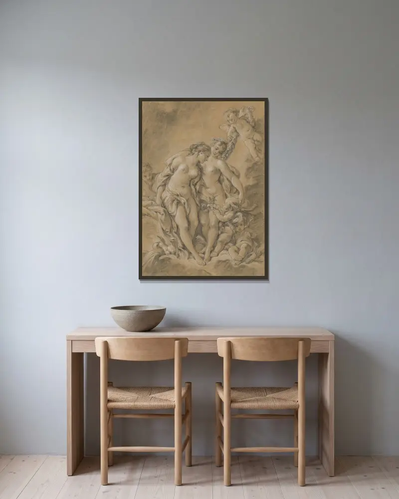 Nymfer och amoriner av François Boucher inramad på en vägg