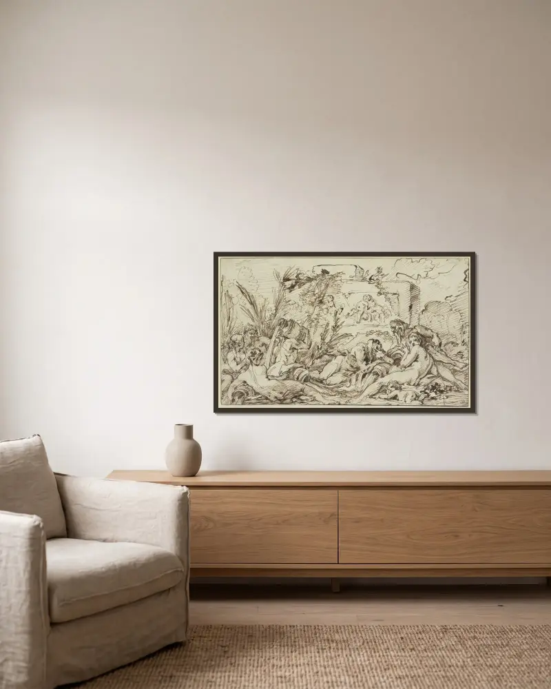 Nymfer och flodgudar av François Boucher inramad på en vägg