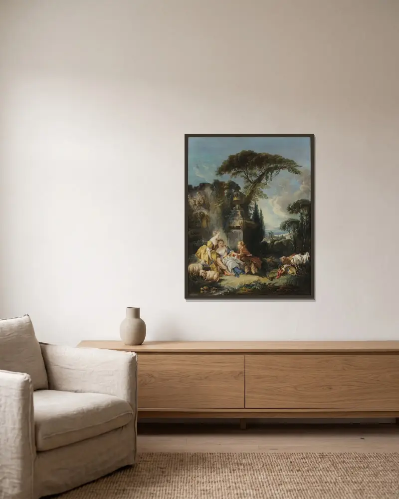 Herdescen av François Boucher inramad på en vägg