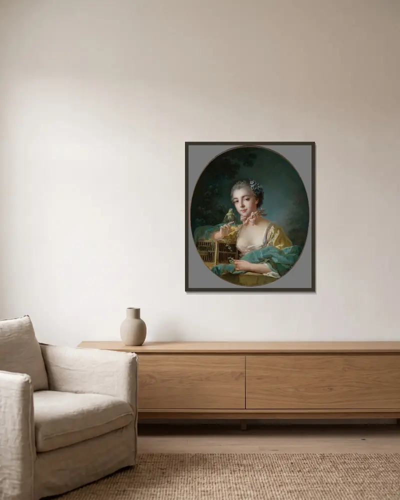 Vermutliches Porträt der Marie-Emilie Baudouin, Tochter des Malers von François Boucher gerahmt an einer Wand