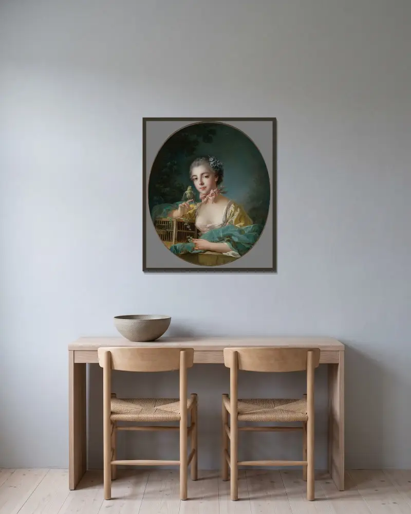 Vermutliches Porträt der Marie-Emilie Baudouin, Tochter des Malers von François Boucher gerahmt an einer Wand