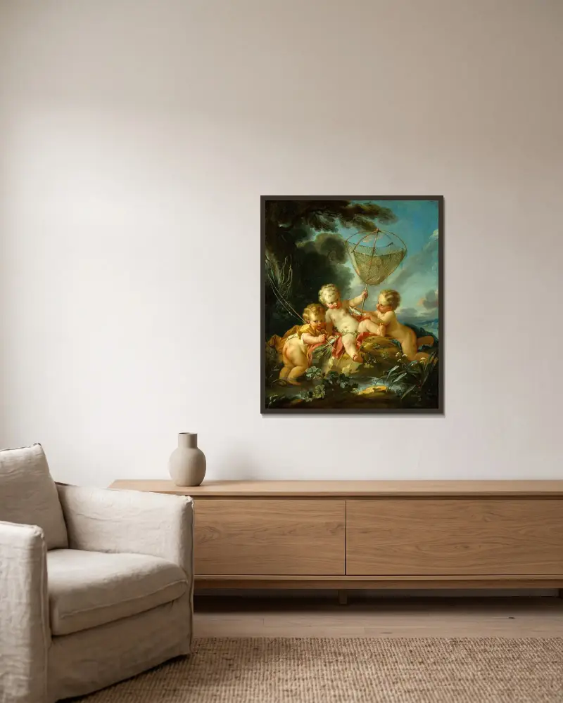 Putti som fiskare av François Boucher inramad på en vägg