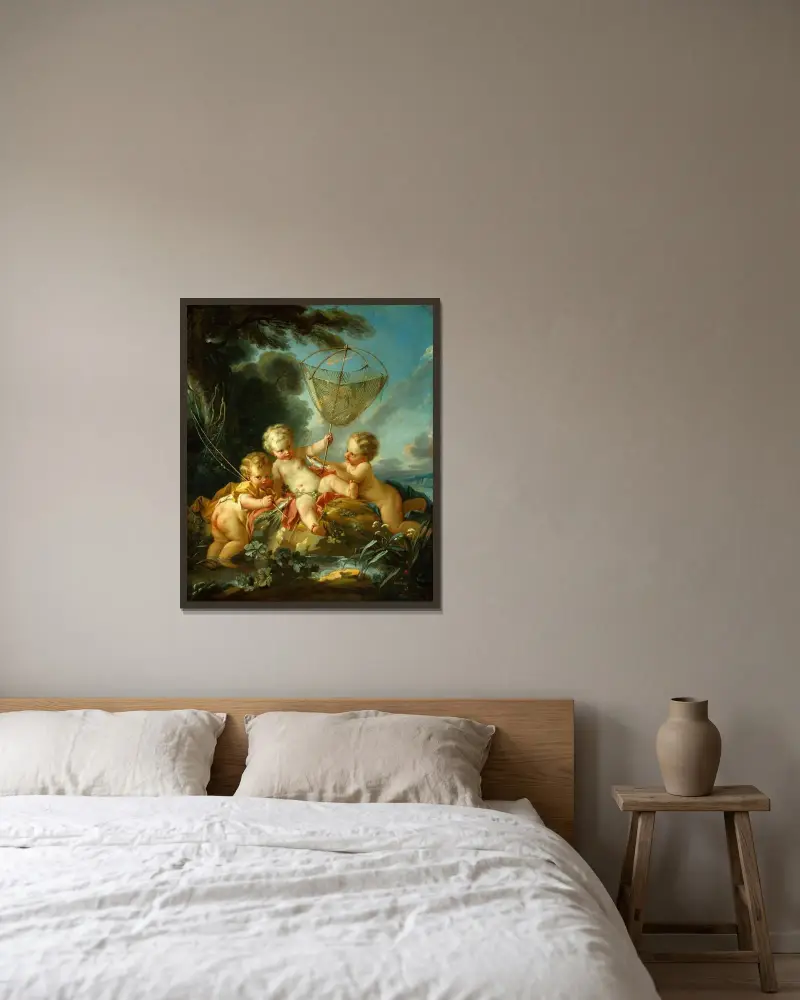Putti som fiskare av François Boucher inramad på en vägg