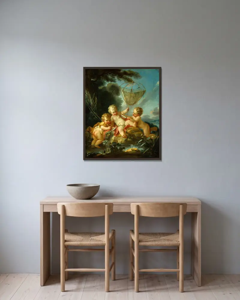 Putti som fiskare av François Boucher inramad på en vägg