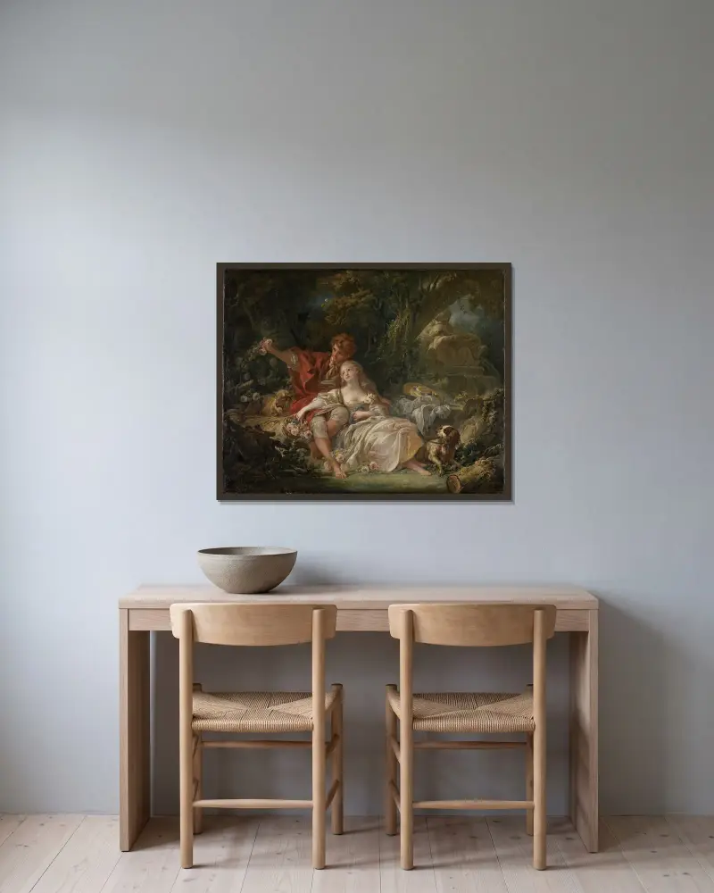 Herde och herdinna av François Boucher inramad på en vägg