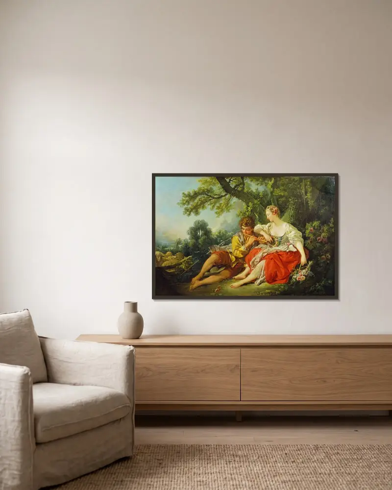 Herde spelar flöjt för en herdinna av François Boucher inramad på en vägg