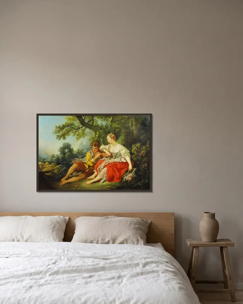 Herde spelar flöjt för en herdinna av François Boucher inramad på en vägg
