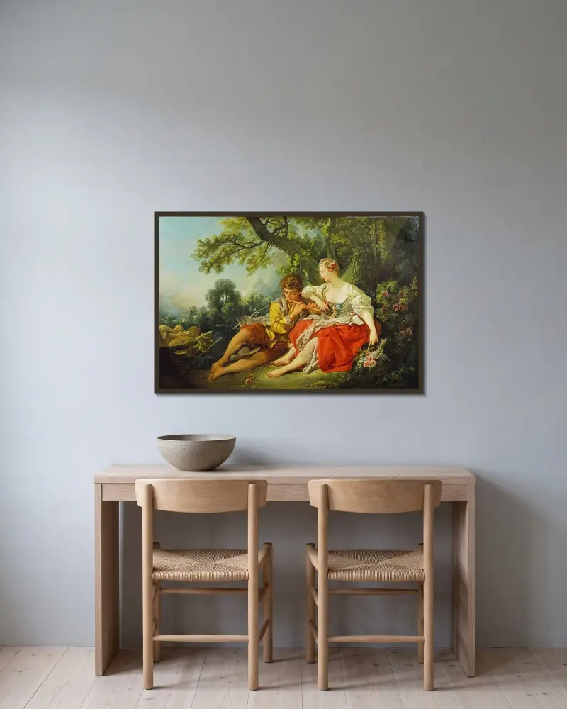 Herde spelar flöjt för en herdinna av François Boucher inramad på en vägg