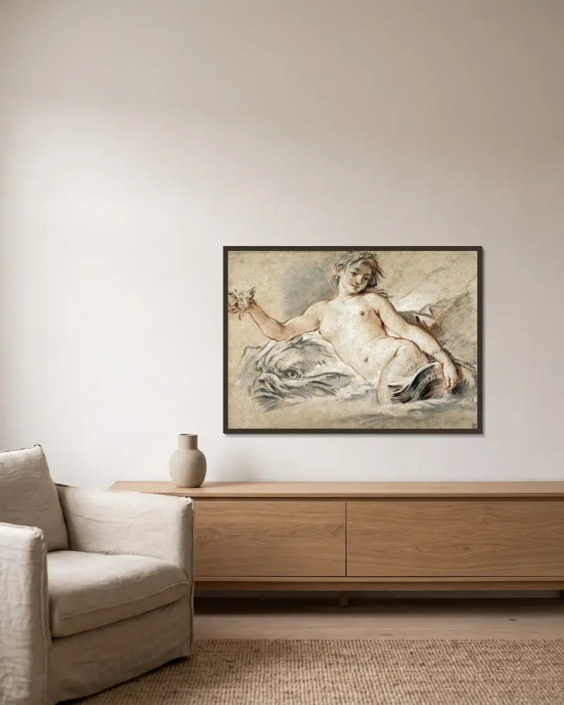 Siren vilande på en delfin av François Boucher inramad på en vägg