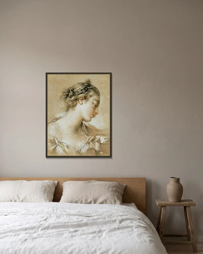 Studie des Kopfes eines jungen Mädchens mit Perlen im Haar von François Boucher gerahmt an einer Wand