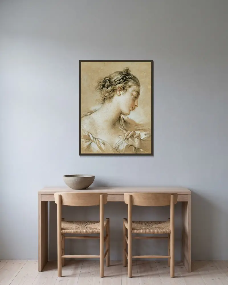 Studie des Kopfes eines jungen Mädchens mit Perlen im Haar von François Boucher gerahmt an einer Wand
