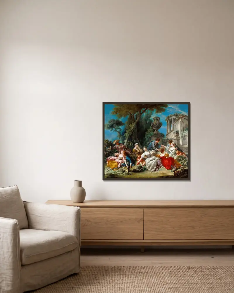Fågelfångarna av François Boucher inramad på en vägg