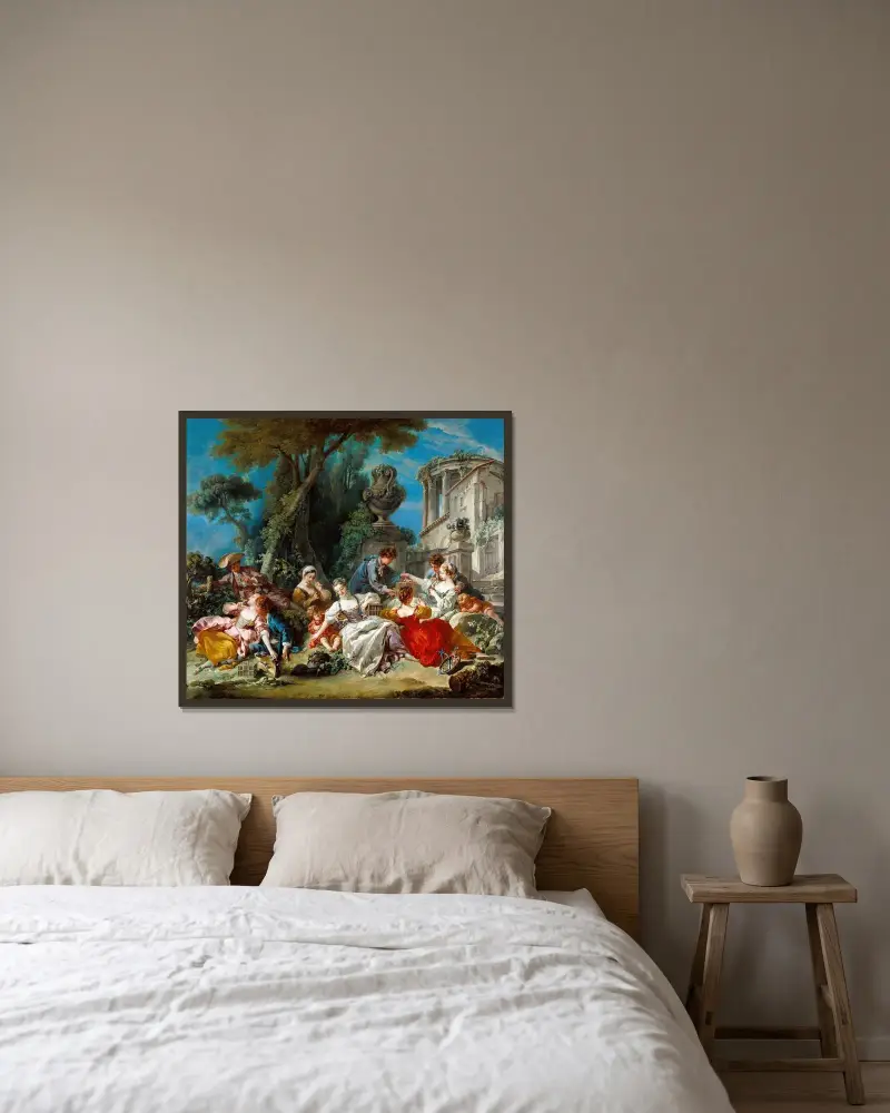 Fågelfångarna av François Boucher inramad på en vägg