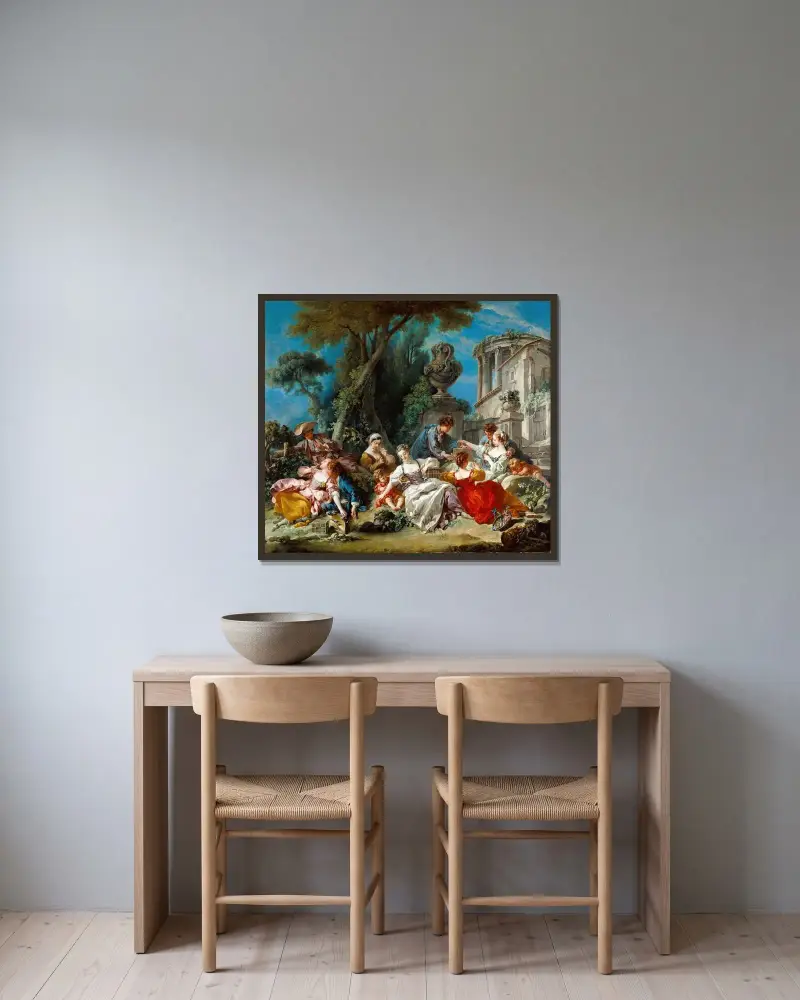 Fågelfångarna av François Boucher inramad på en vägg