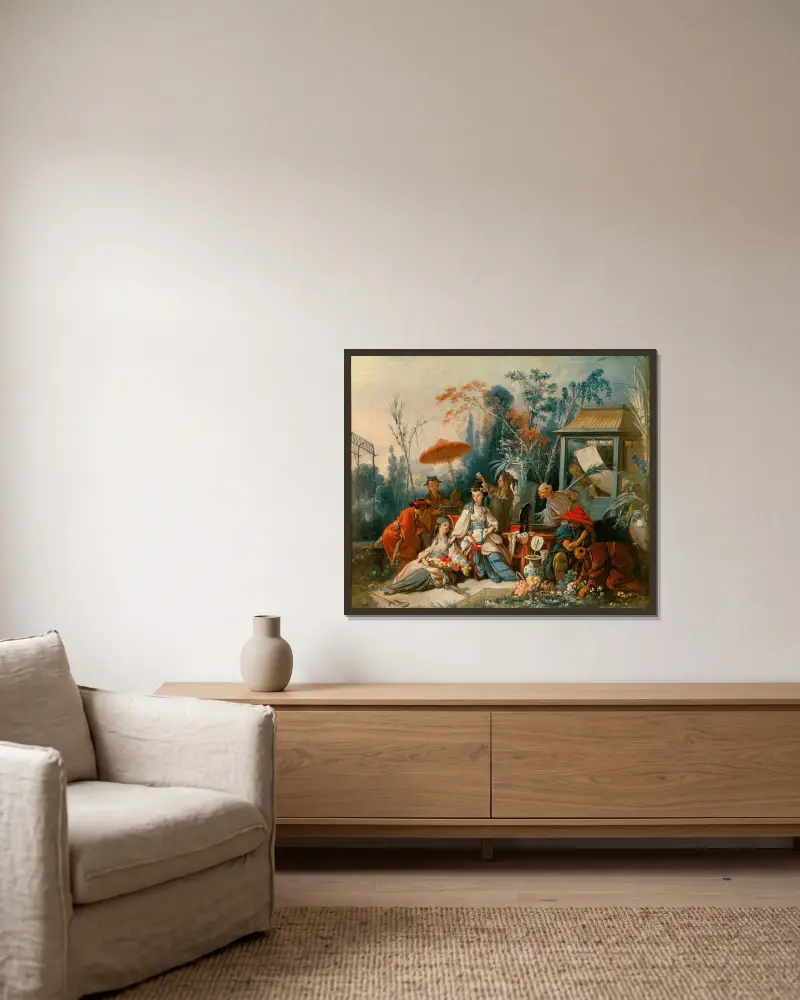 Den kinesiska trädgården av François Boucher inramad på en vägg