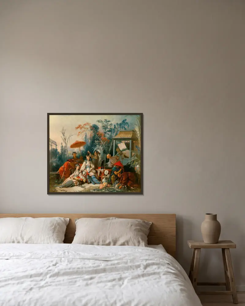 Den kinesiska trädgården av François Boucher inramad på en vägg