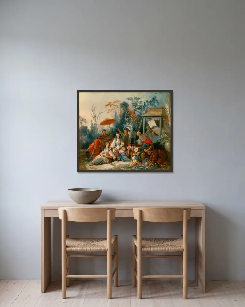 Den kinesiska trädgården av François Boucher inramad på en vägg