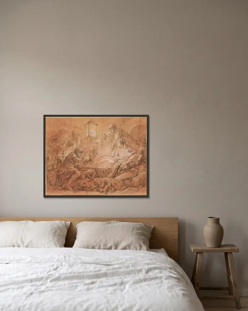 Jesu födelse av François Boucher inramad på en vägg