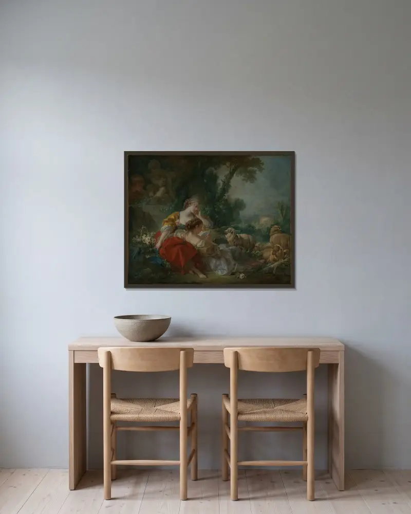 Två herdinna av François Boucher inramad på en vägg