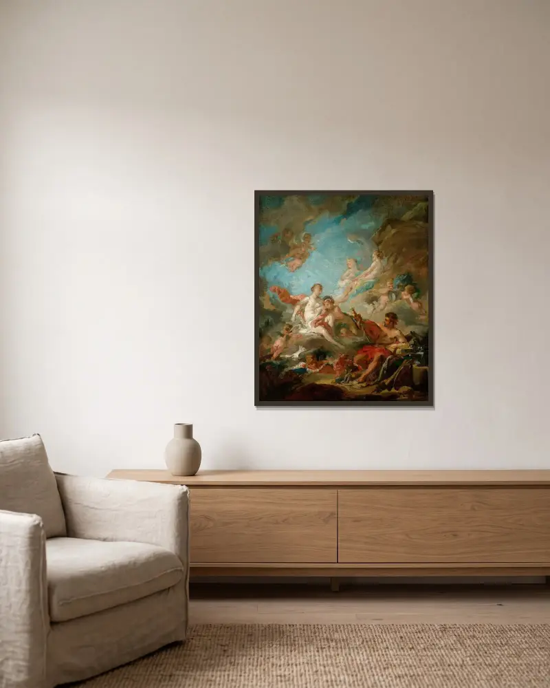 Venus i Vulkanus verkstad av François Boucher inramad på en vägg