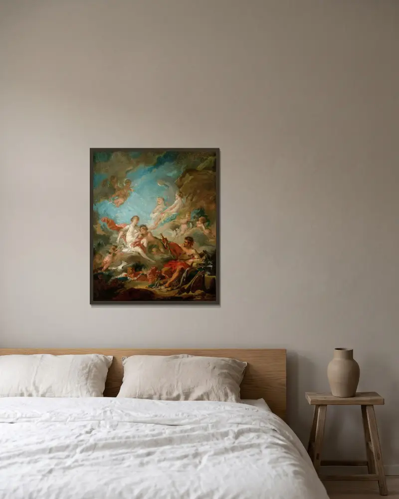 Venus i Vulkanus verkstad av François Boucher inramad på en vägg
