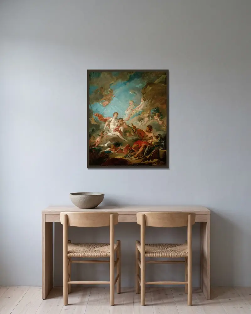 Venus i Vulkanus verkstad av François Boucher inramad på en vägg