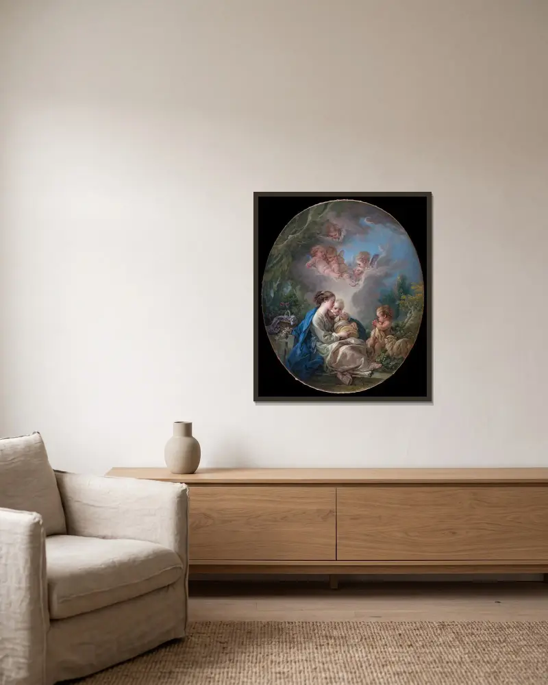 Jungfrun och barnet med unge Johannes Döparen och änglar av François Boucher inramad på en vägg