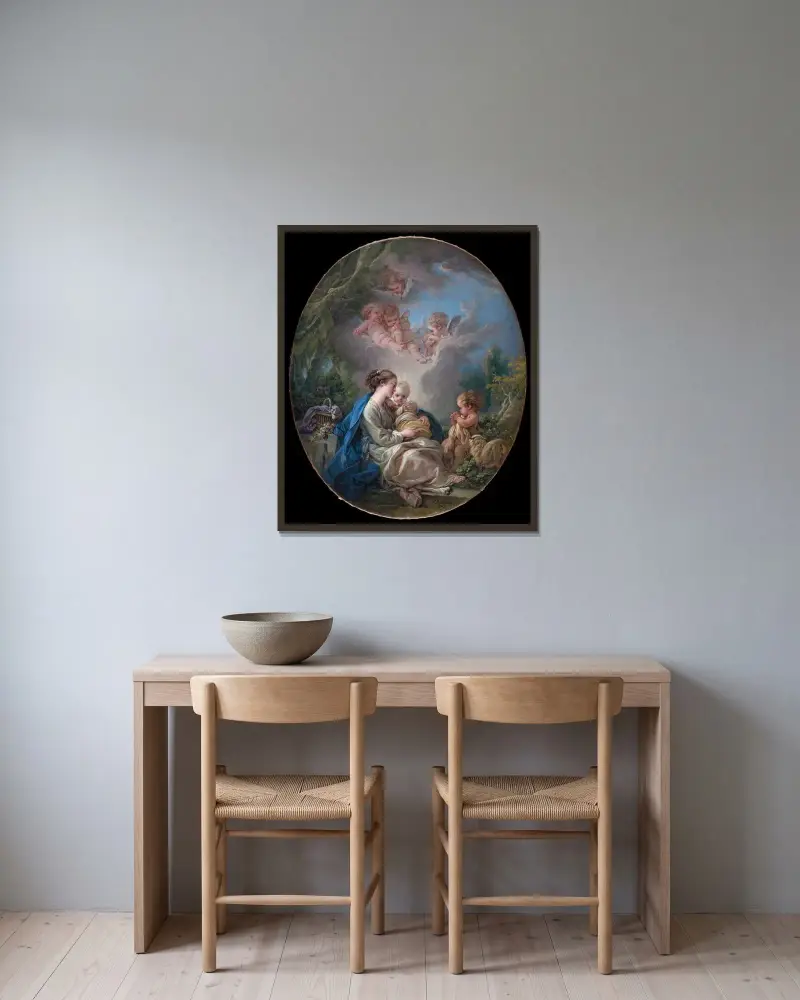 Jungfrun och barnet med unge Johannes Döparen och änglar av François Boucher inramad på en vägg