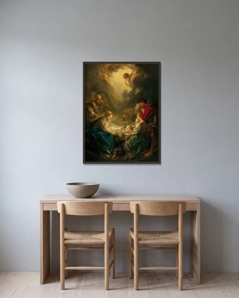Jungfrun som vårdar det sovande Kristusbarnet av François Boucher inramad på en vägg