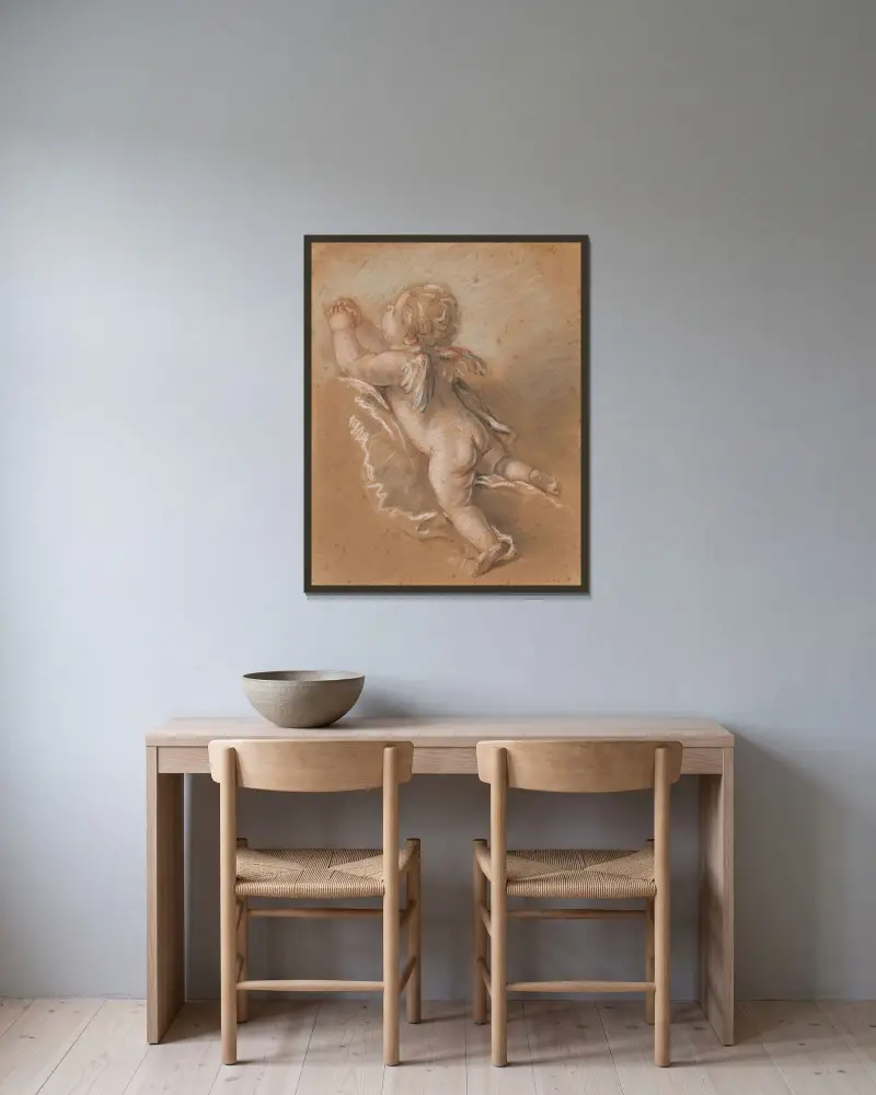 Bevingad kerub sedd bakifrån med uppsträckta, knäppta händer av François Boucher inramad på en vägg
