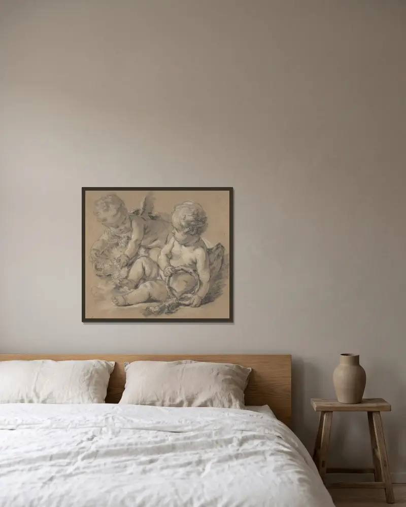 Bevingade putti med blommor av François Boucher inramad på en vägg